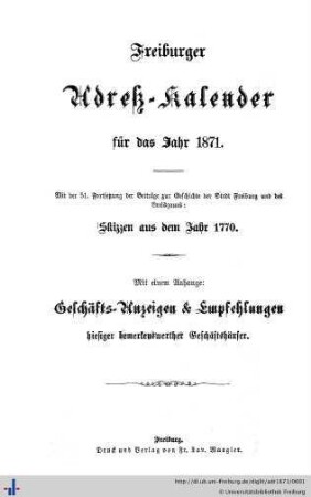 Freiburger Adreß-Kalender : für das Jahr 1871