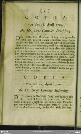 Copia von den 18. April 1700