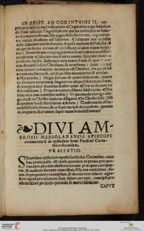 Divi Ambrosii Mediolanensis Episcopi commentarij in epistolam beati Pauli ad Corinthios secundam