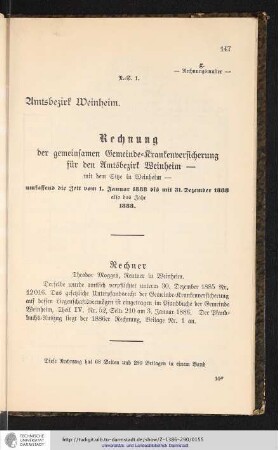 Amtsbezirk Weinheim. Rechnung der gemeinsamen Gemeinde-Krankenversicherung für den Amtsbezirk Weinheim [...]