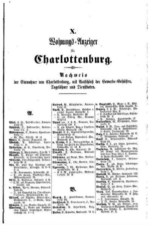 Nachweis der Einwohner von Charlottenburg, mit Ausschluß der Gewerbe= Gehülfen, Tagelöhner und Dienstboten
