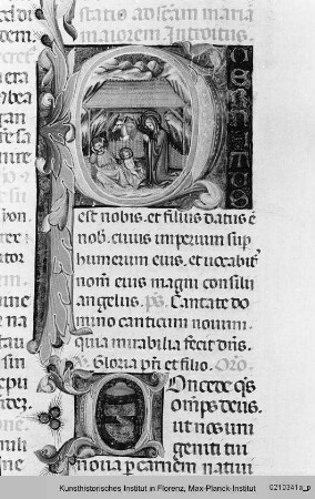 Missale Romanum : Textseite mit historisierter Initiale P: Geburt Christi und ornamentierte Initiale C