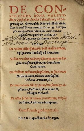 De conservanda bona valetudine : opusculum Scholae Salernitanae ad regem Angliae, Germanicis rhytmis illustratum