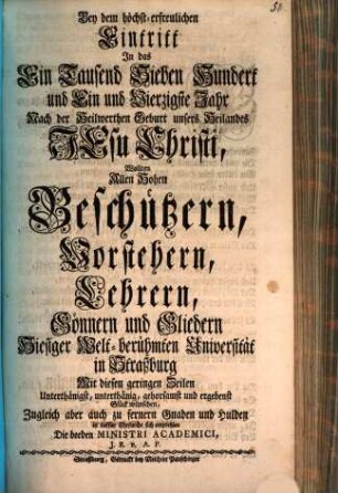 Neujahrs-Wunsch : bey dem Eintritt in das 1741 Jahr wollten allen hohen Beschützern ... der Universität in Straßburg ... Glück wünschen J. R. v. A. P.
