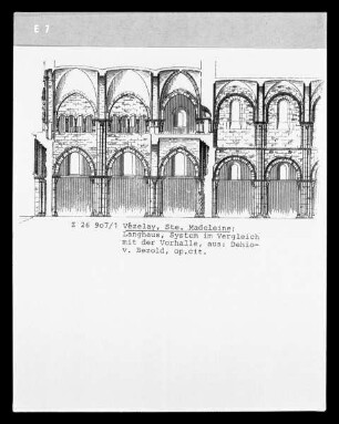 Vézelay, Längsschnitt: System des Langhauses im Vergleich zu dem der Vorhalle der ehemaligen Abteikirche Sainte-Marie-Madeleine