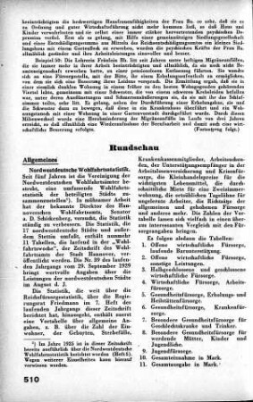 Nordwestdeutsche Wohlfahrtsstatistik [Allgemeines]