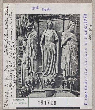 Reims: Kathedrale, Strebepfeiler zwischen linkem und mittlerem Westportal, Bischof, Königin von Saba, Prophet