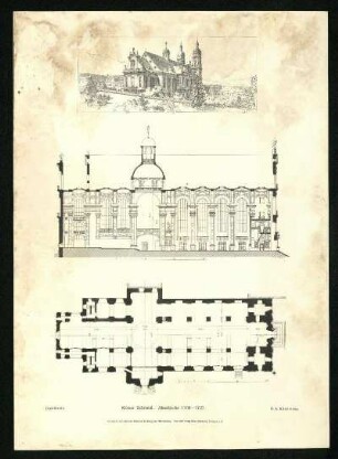 Kloster Schöntal. Abteikirche 1708-1727. Grundriss, Schnitt und Ansicht.