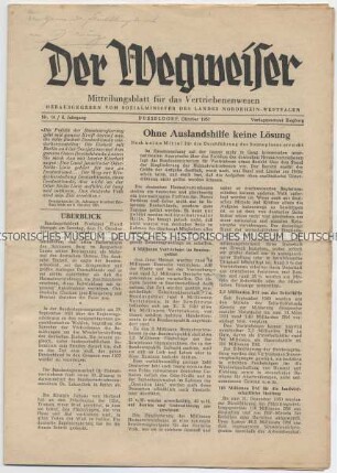 Monatszeitschrift des Sozialministeriums Nordrhein-Westfalen „Der Wegweiser“ mit Titel zum Bericht über die deutschen "Heimatvertriebenen"