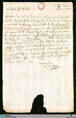 Brief von Leopold Mozart an Sebastian Winter vom 22.04.1784 - Don Mus. Autogr. 42