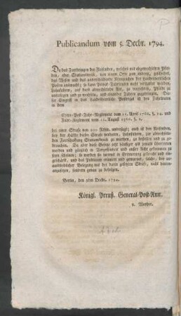 Publicandum vom 5. Decbr. 1794.