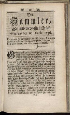 Ein und vierzigstes Stück. Montags den 15. Octob. 1736.