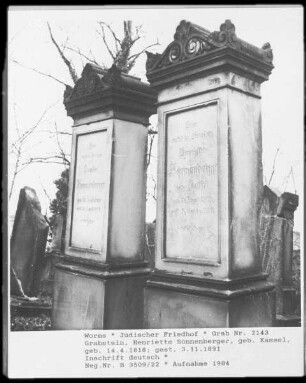 Grabstein von Henriette Sonnenberger, geborene Kassel (gestorben 1891.11.03)