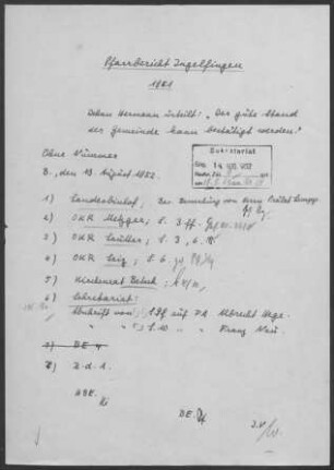 Ingelfingen-Criesbach: Visitationsbericht mit Pfarrbericht 1951