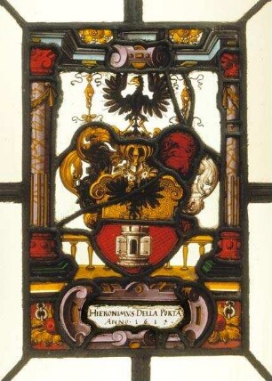 Wappenscheibe des Hieronymus della Porta in architektonischer Rahmung