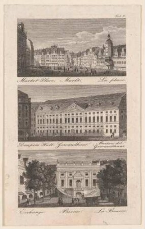 Drei Ansichten von Leipzig: Markt mit Rathaus, Gewandthaus und Börse, Tafel III aus Gretschels Leipzig und seine Umgebungen