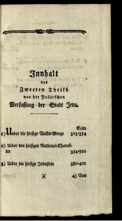 Innhalt des Zweeten Theils von der Politischen Verfassung der Stadt Jena.