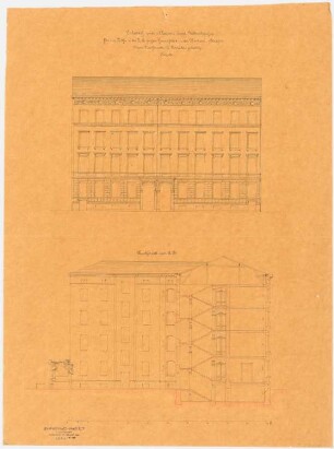 Wohnhaus Karuth in der Berliner Straße, Breslau: Aufriss der Straßenfassade, Querschnitt durch das Vorderhaus mit Ansicht eines Seitenflügels, Maßstabsleiste