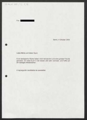 Brief an Márta Kurtág und György Kurtág, 04.10.2000