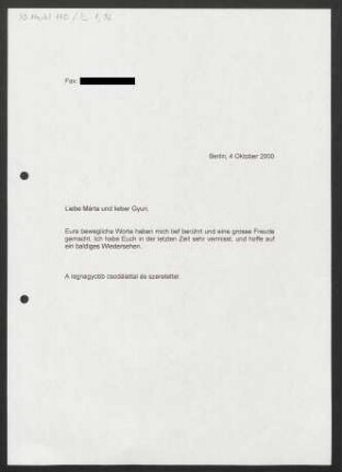 Brief an Márta Kurtág und György Kurtág, 04.10.2000