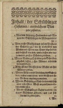 Inhalt/ der Schiltbürger Historien/ an welchen Blat jede zufinden.