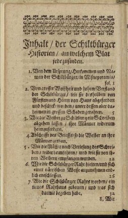Inhalt/ der Schiltbürger Historien/ an welchen Blat jede zufinden.