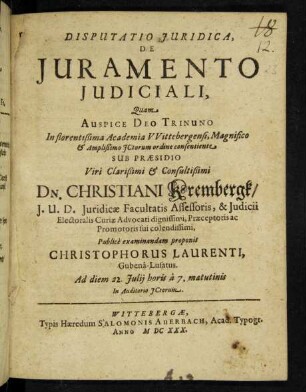 Disputatio Iuridica, De Iuramento Iudiciali