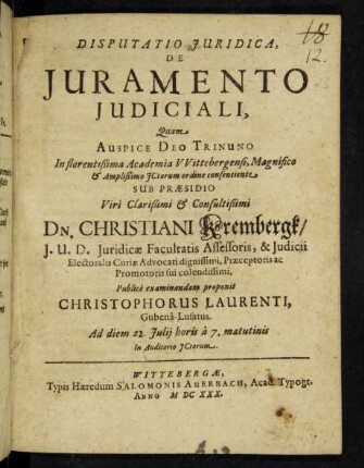 Disputatio Iuridica, De Iuramento Iudiciali