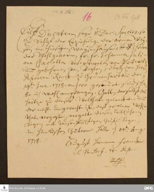 Empfangsbestätigung von August Hermann Francke für Johanna Juliana Charlotta v. Prittwitz über eine Spende in Höhe von 11 Dukaten zugunsten der Glauchaschen Anstalten.