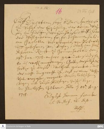 Empfangsbestätigung von August Hermann Francke für Johanna Juliana Charlotta v. Prittwitz über eine Spende in Höhe von 11 Dukaten zugunsten der Glauchaschen Anstalten.
