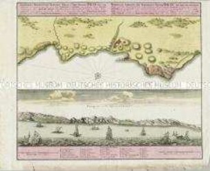 Topographica Repraesentatio Barbarici Portus et Urbis Munitae Oran. Mit einer Ansicht: Prospect von der Küste um Oran