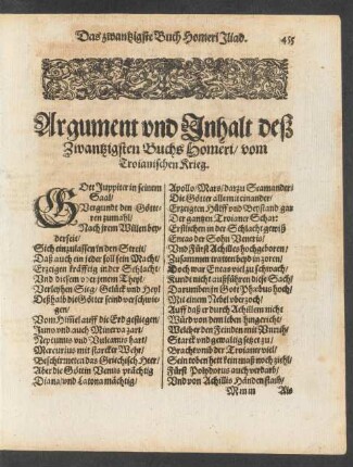 Argument und Inhalt deß Zwantzigsten Buchs Homeri/ von dem Troianischen Krieg.