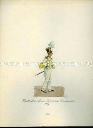 Uniformdarstellung, Hoboist der Linien-Infanterie in Sommerparade, 1819. Aus: Sammelmappe "Sachsens Militär", Königliche Arsenalsammlung.