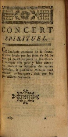 Les spectacles de Paris, ou calendrier historique & chronologique des théâtres. 38. 1789