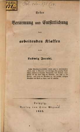 Ueber Verarmung und Entsittlichung der arbeitenden Klassen