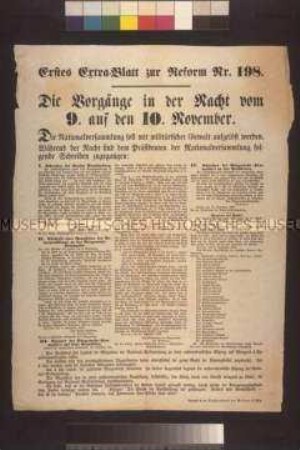 Maueranschlag: Die Vorgänge in der Nacht vom 9. auf den 10. November. Extrablatt der Reform;