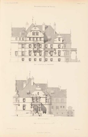 Kreisständehaus, Gnesen: Ansichten Parkstraße, Gartenseite (aus: Atlas zur Zeitschrift für Bauwesen, hrsg. v. Ministerium der öffentlichen Arbeiten, Jg. 50, 1900)