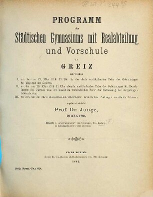 Programm des Städtischen Gymnasiums mit Realabteilung und Vorschule zu Greiz. 1881/82