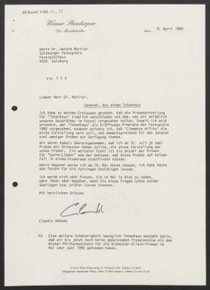 Brief an Gerard Mortier an Salzburger Festspiele, 09.04.1990