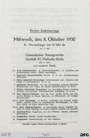 Erster Auktionstag: Mittwoch, den 8. Oktober 1930