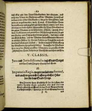 V. Classis. Jura und Jurisdictionalia deß StadtVoigts und das Stadt-Voigtey Gericht betreffendt