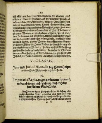 V. Classis. Jura und Jurisdictionalia deß StadtVoigts und das Stadt-Voigtey Gericht betreffendt
