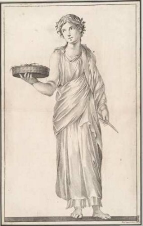 Bekränzte weibliche Gestalt mit Korb und Stab, Abb 47 aus: Disegni intagliati in rame di pitture antiche ritrovate nelle scavazioni di Resina, Neapel 1746