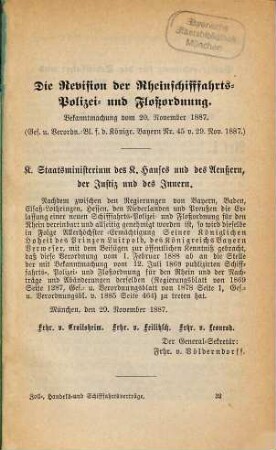 Zoll-, Handels- und Schifffahrts-Verträge, 11. Die Revision der Rheinschifffahrts-Polizei- und Floßordnung : Bekanntmachung vom 20. Nov. 1887