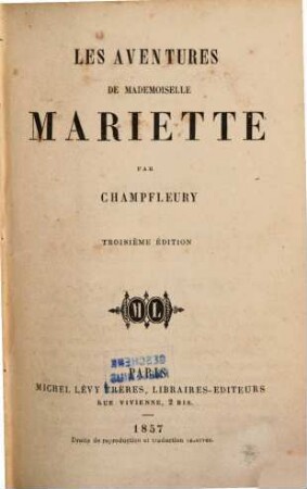 Les aventures de mademoiselle Mariette par Champfleury Jules Fleury