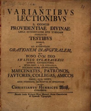 Diss. ... de variantibus lectionibus S. Codicis, providentiae divinae circa integritatem eius tuendam versantis testibus