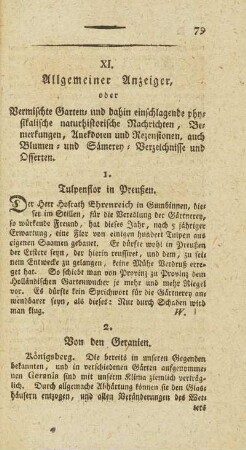 XI. Allgemeiner Anzeiger, oder Vermischte Garten- und dahin einschlagende physikalische naturhistorische Nachrichten, ...
