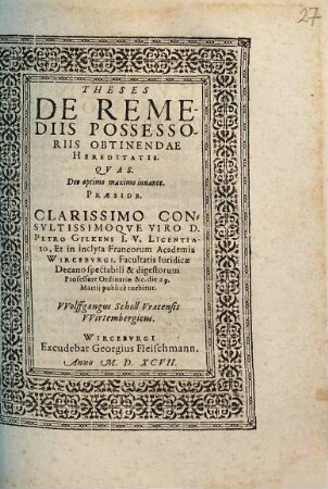 Theses De Remediis Possessoriis Obtinendae Hereditatis