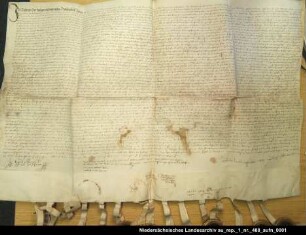 Heiratsvertrag zwischen Graf Erich von Hoya und der Gräfin Armgard von Rietberg. Es siegeln: Graf Johann von Hoya Bischof von Münster und Osna-brück, Graf Hermann Georg von Limburg-Styrum, Maria von Jever, die Grafen Erich, Otto und Friedrich von Hoya, die Gräfinwitwe Agnes von Rietberg, Dietrich Behr, Joachim von Staffhorst, Curd von Hasbergen, Balduin Hermeling, Hero und Eibe von Werdum, Folkert von Middoge und Jasper von Bothmer Ausstellungsort: Esens Anhängende Siegel 1 beschädigt erhalten, 2 und 3 verloren, 4 bis 10 beschädigt erhalten, 11 verloren, 12 bis 15 beschädigt erhalten; Unterschriften des Bischofs von Münster, der Grafen von Hoya und der Gräfinnen von Rietberg, des Dietrich Behr, des Joachim von Staffhorst, des Balduin Hermeling, des Eibe von Werdum, des Folkert von Middoge und des Jasper von Bothmer