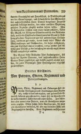 Dritter Abschnitt. Von Patenten, Edicten, Reglements und Policeyordnungen